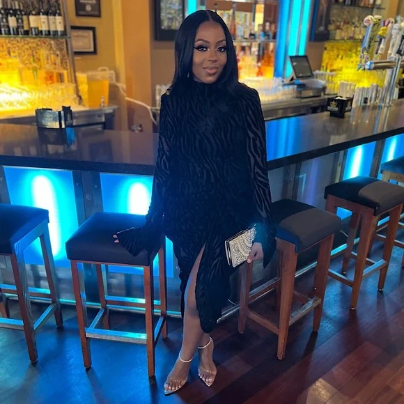 Black Zebra High Neck Draped Midi Dress (with High Split) - Picture 1 of 4